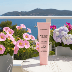 Collagen sunscreen SPF 50+ with hydrating UV protection, surrounded by colorful flowers and a scenic background.