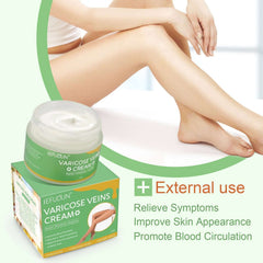 Varicose vein cream jar with smooth skin, promoting blood circulation and improving skin appearance.