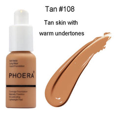 Oil control foundation in Tan #108, showcasing a bottle and swatch for tan skin with warm undertones.