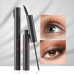 Waterproof lengthening mascara with applicator, featuring long and thick lashes in a close-up eye image.