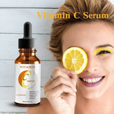 Vitamin C Hyaluronic Serum in a bottle next to a woman holding a lemon, promoting radiant skin.