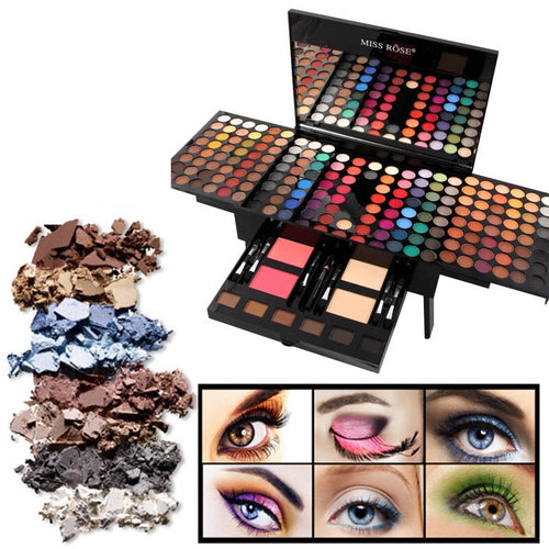 Makeup palette with eyeshadows and a display of eye makeup looks.