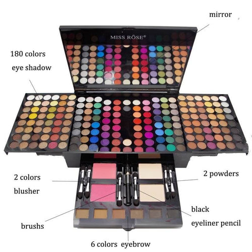 180 color eyeshadow palette featuring 180 vibrant shades, 2 blushers, 2 powders, and makeup tools for versatile looks.