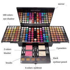180 color eyeshadow palette featuring 180 vibrant shades, 2 blushers, 2 powders, and makeup tools for versatile looks.