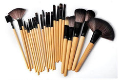 24-Piece Makeup Brush Set displayed with high-quality wooden handles and various brush shapes for professional makeup application.