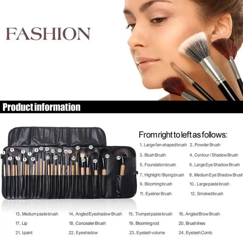 24-Piece Makeup Brush Set displayed with brushes laid out, highlighting various brush types for professional makeup application.