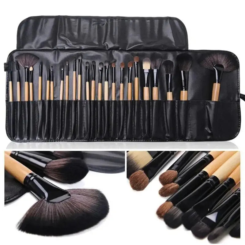 24-Piece Makeup Brush Set displayed in a compact case, showcasing professional quality brushes for makeup application.