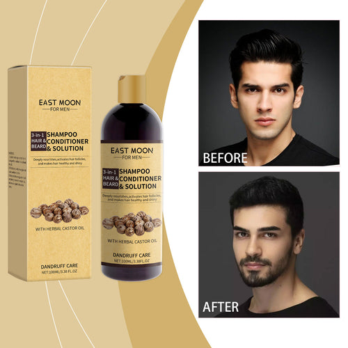 East Moon shampoo and conditioner for men with packaging and a 'before' and 'after' comparison of a man's hair.