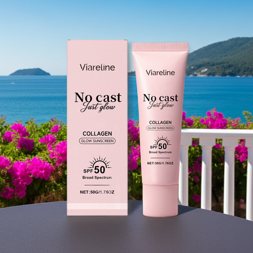 Viareline No cast Just glow sunscreen with packaging on a scenic background