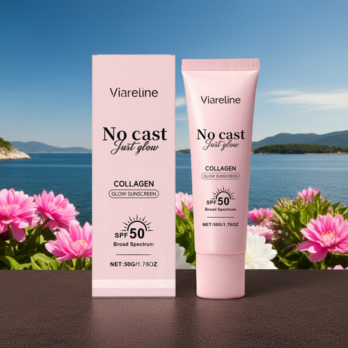 Viareline No cast Just glow sunscreen with packaging against a scenic background