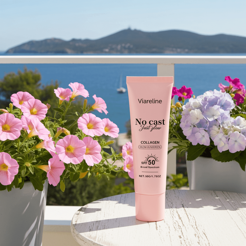 Collagen sunscreen SPF 50+ with hydrating UV protection, surrounded by colorful flowers and a scenic background.