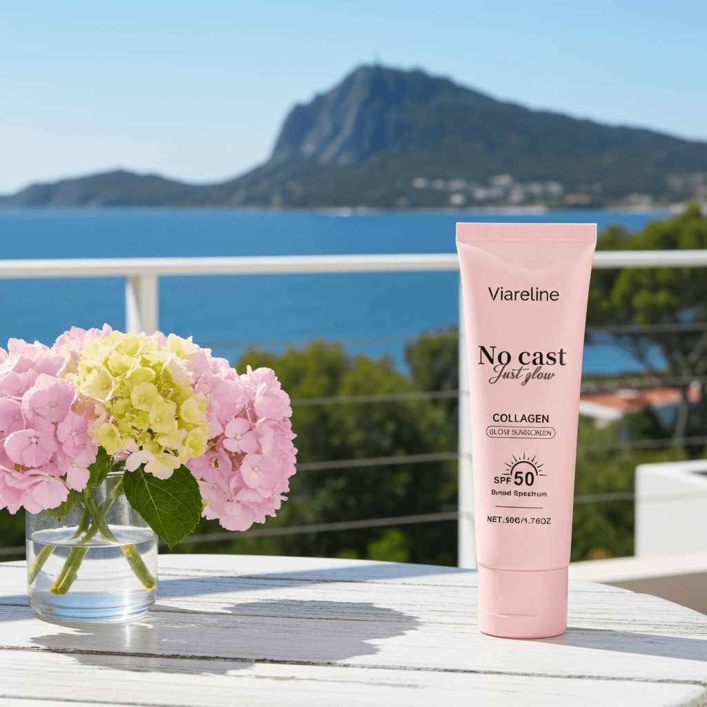 Collagen sunscreen SPF 50+ in a scenic outdoor setting with flowers, promoting hydration and sun protection.
