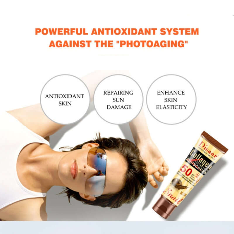 Model enjoying outdoor sun with SPF 50 sunscreen, showcasing anti-aging benefits and lightweight protection.