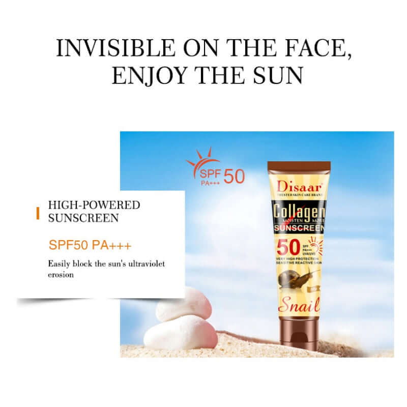 SPF 50 sunscreen in a tube, promoting lightweight, non-greasy protection against UV rays.