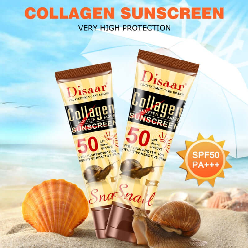 Disaar SPF 50 sunscreen tubes with collagen, offering very high protection against UV rays.