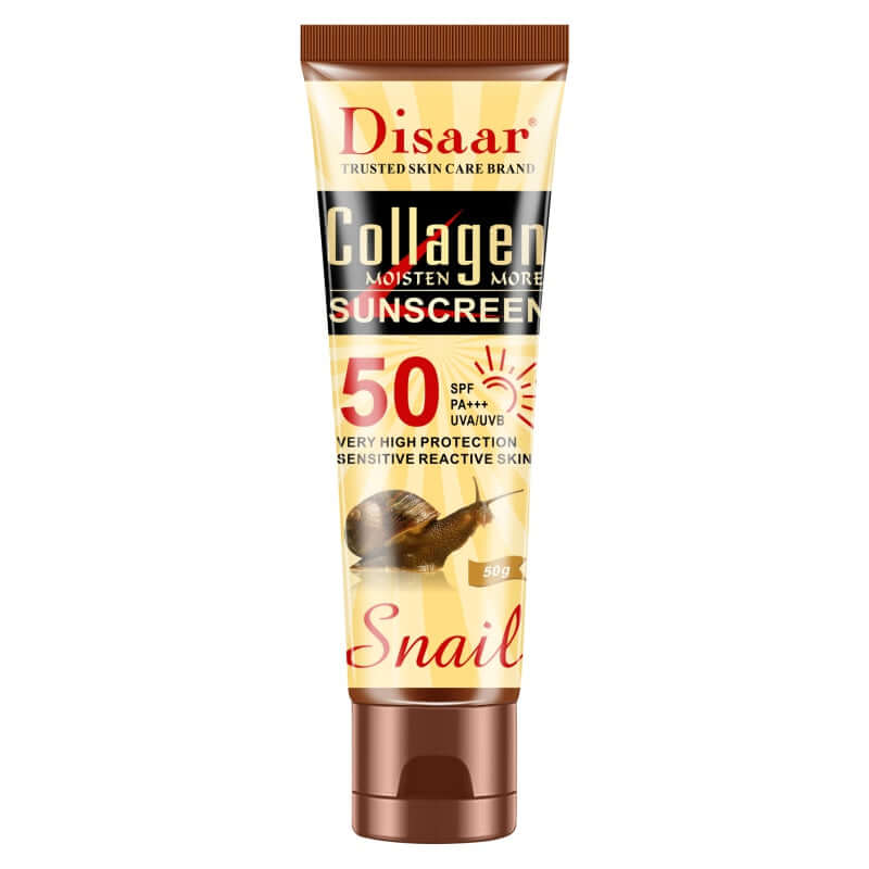 spf 50 sunscreen tube featuring collagen, designed for moisturizing and very high protection for sensitive skin.
