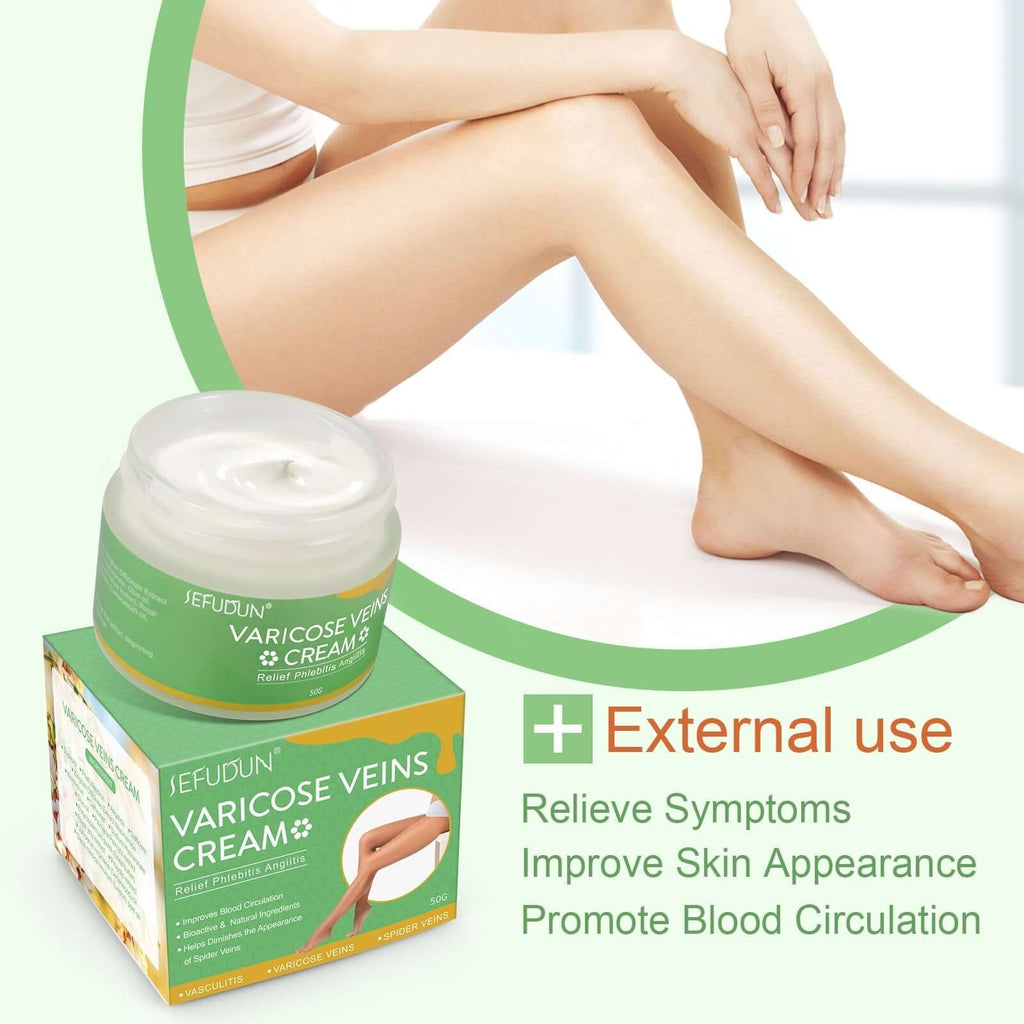 Varicose vein cream jar with smooth skin, promoting blood circulation and improving skin appearance.