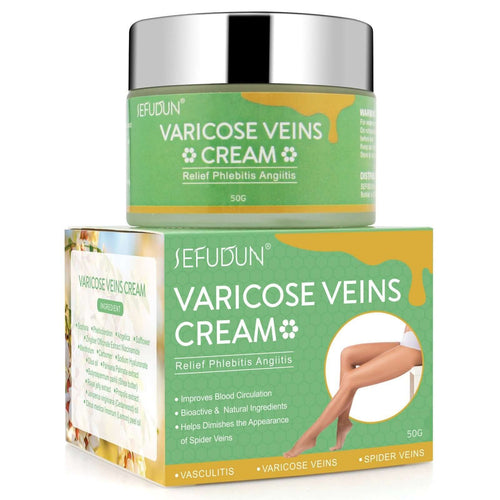 Product image of SEFUDUN varicose vein cream in a green jar and box, suitable for relieving leg discomfort and improving circulation.