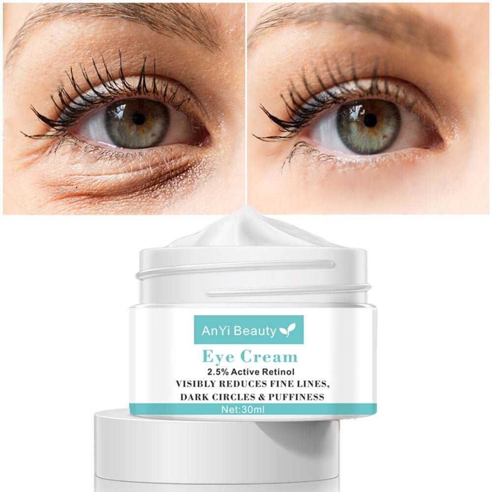 Brightening eye cream in a jar with before and after images of eyes showing improvement in dark circles and puffiness.