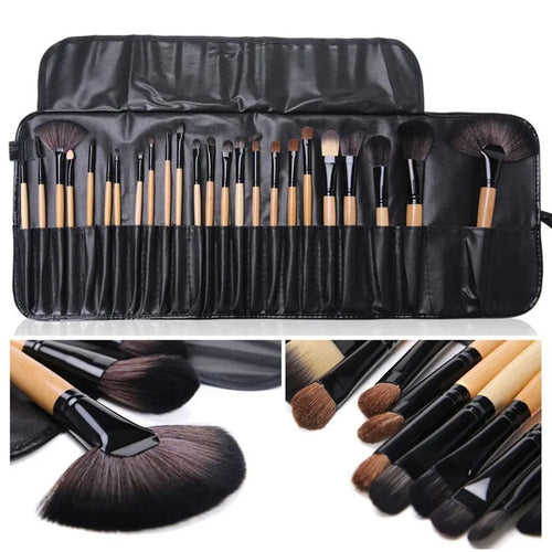 Set of makeup brushes with black handles and brown bristles in a black case, with close-up shots of individual brushes.
