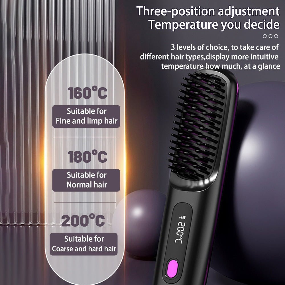Cordless Hair Straightener Brush – Wireless Heated Styling Comb with LCD & USB - C Charging - Charms