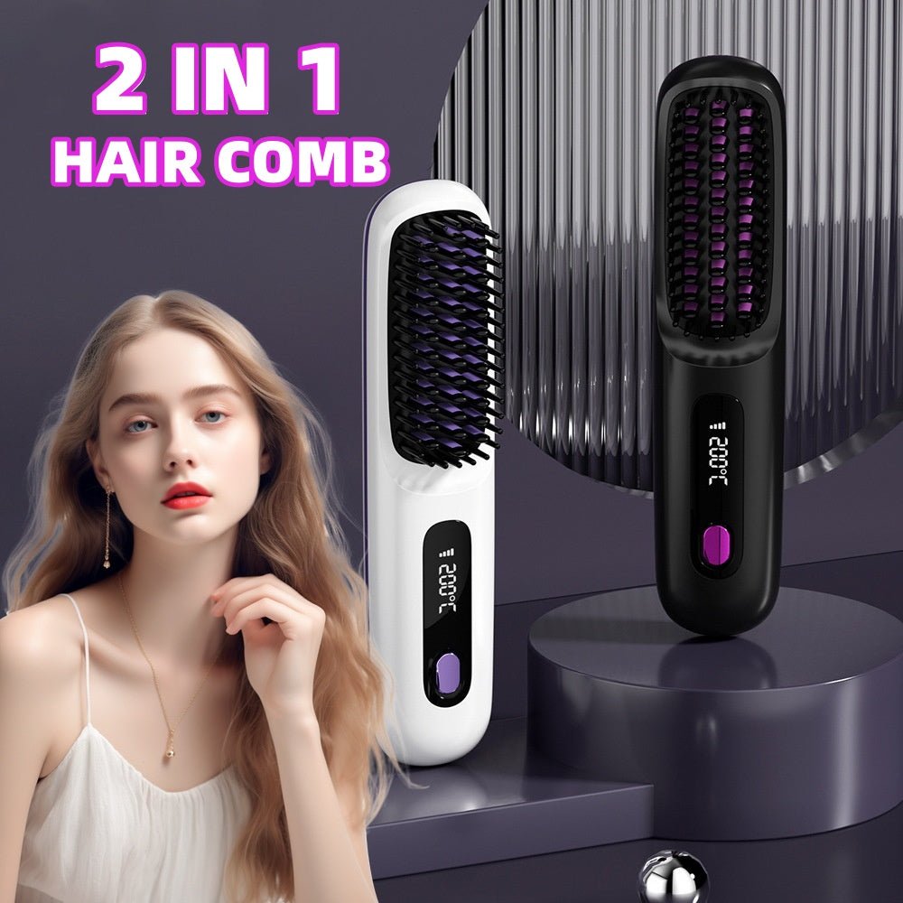 Cordless Hair Straightener Brush – Wireless Heated Styling Comb with LCD & USB - C Charging - Charms