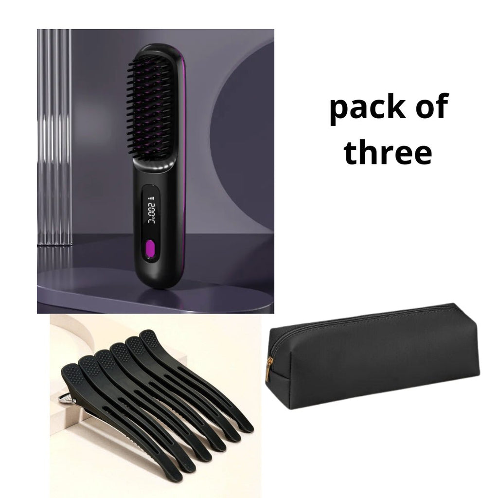 Cordless Hair Straightener Brush – Wireless Heated Styling Comb with LCD & USB - C Charging - Charms