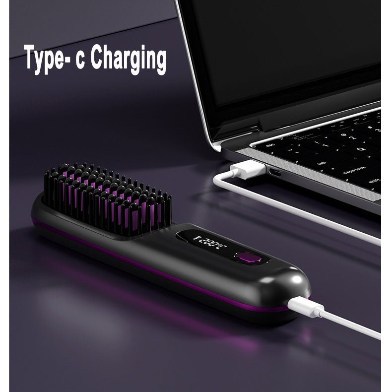 Cordless Hair Straightener Brush – Wireless Heated Styling Comb with LCD & USB - C Charging - Charms