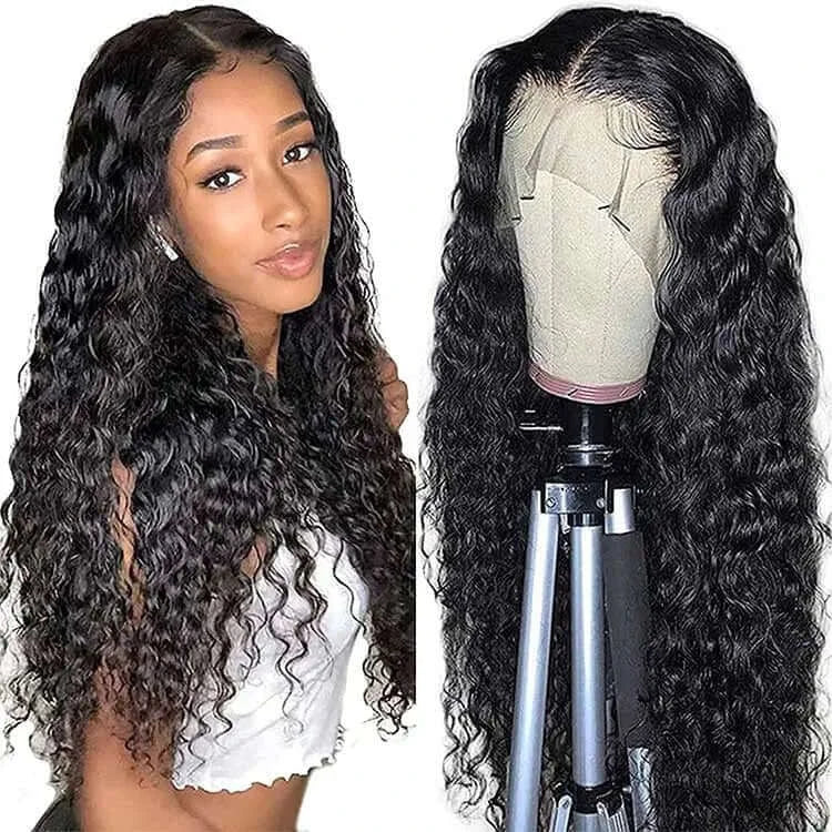 Curly long human hair extensions showcased on a mannequin and model, featuring beautiful soft curls for a luxurious look.