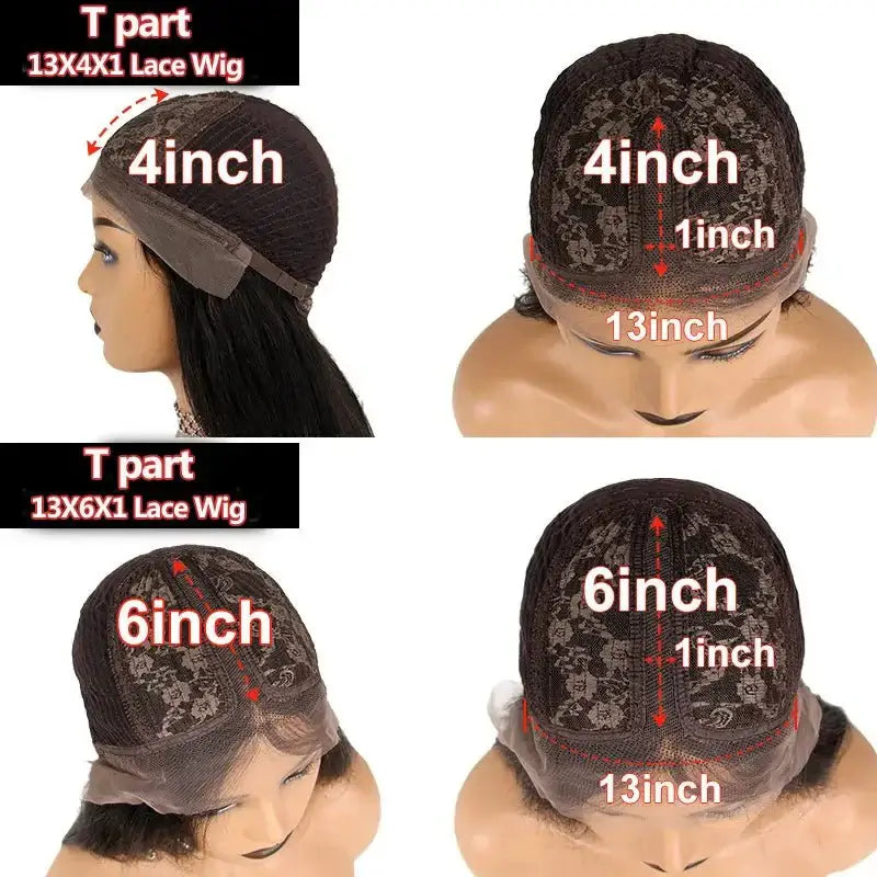 T part lace wig measurement guide showing 4 inch and 6 inch lengths on a mannequin head.