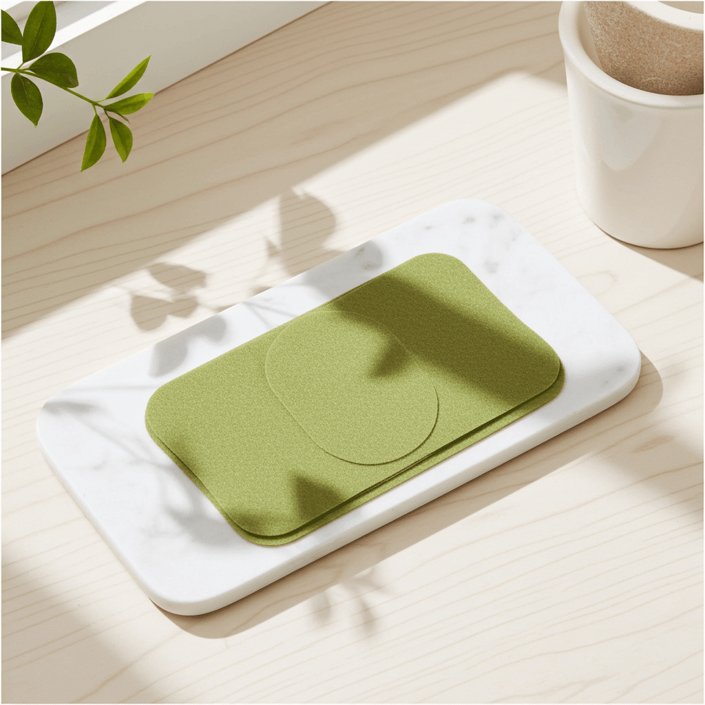 Detox foot patch placed on a marble tray surrounded by greenery, promoting foot refreshment and revitalization.