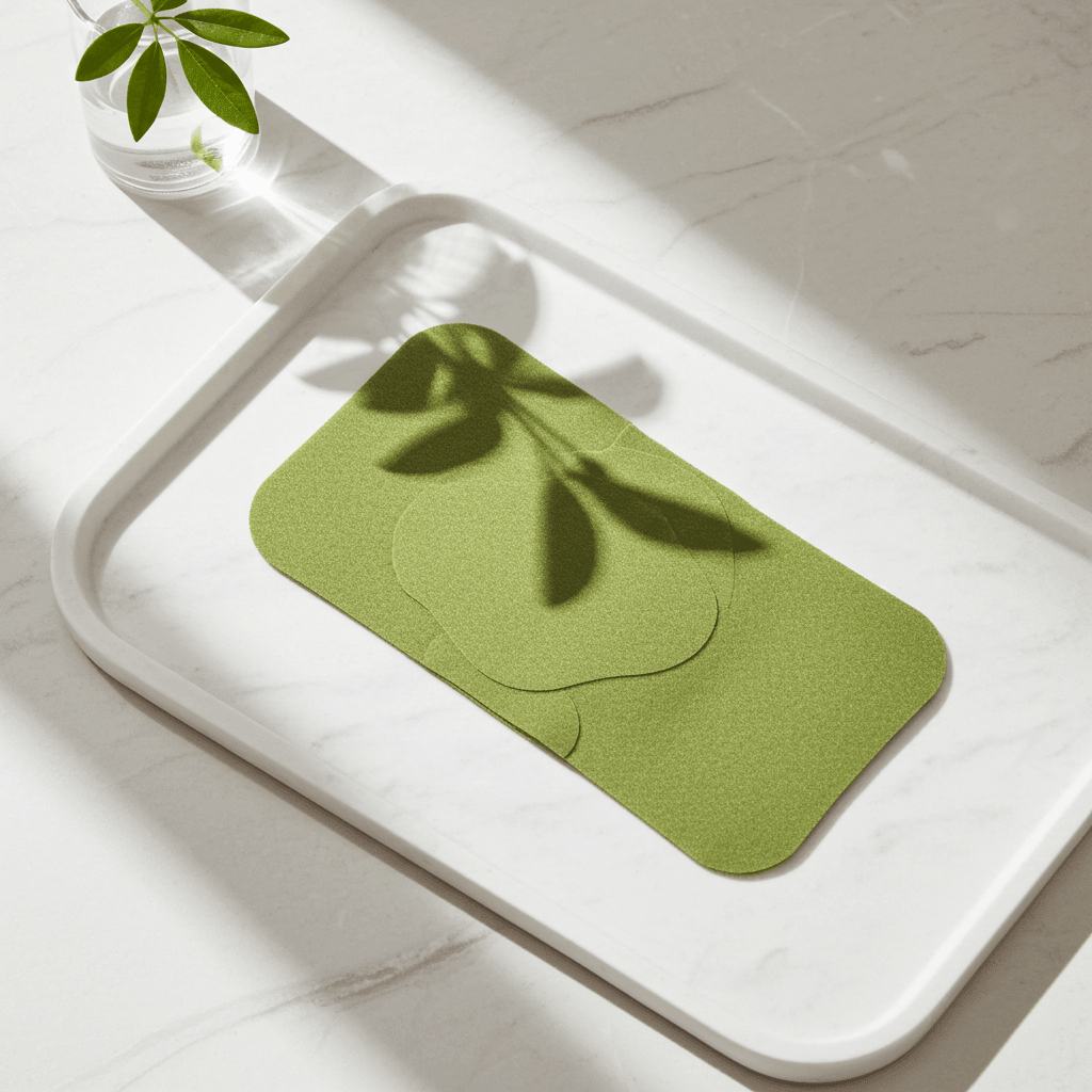 Detox foot patch placed on a white tray with natural light and shadows highlighting its refreshing green color