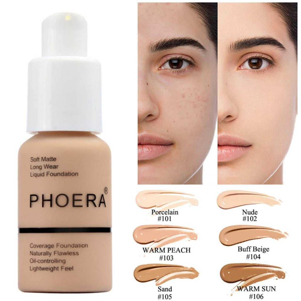 Explosive Press Type Oil Control Foundation with shades and before-after skin comparison for flawless coverage.