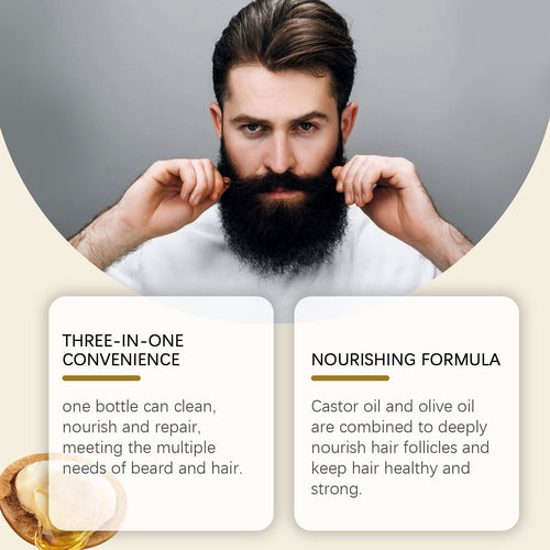 Man with a beard holding a product, with text about its convenience and nourishing formula.