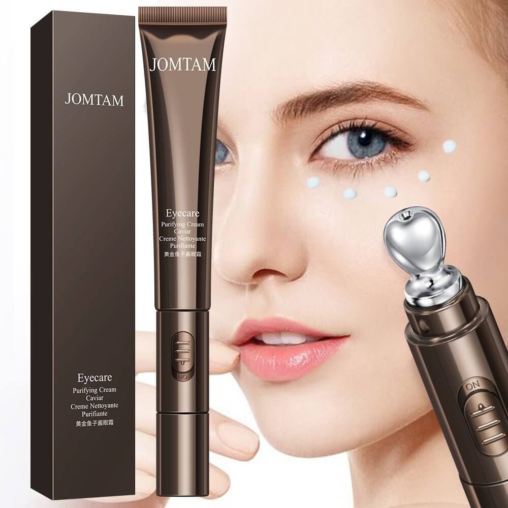 Eye cream for puffiness and dark circles in sleek packaging, applied near blue-eyed model's face.