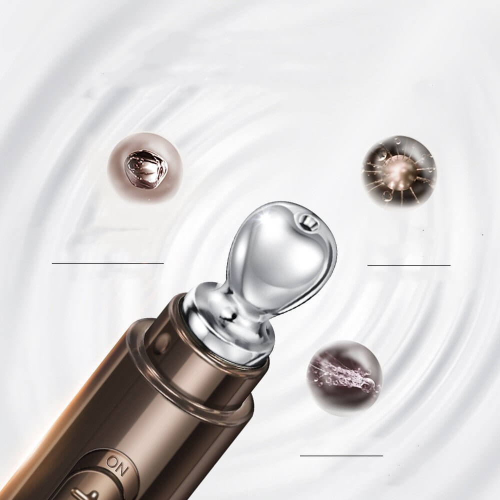 Eye cream for puffiness and dark circles applicator with metallic tip and serum beads on a swirling background.