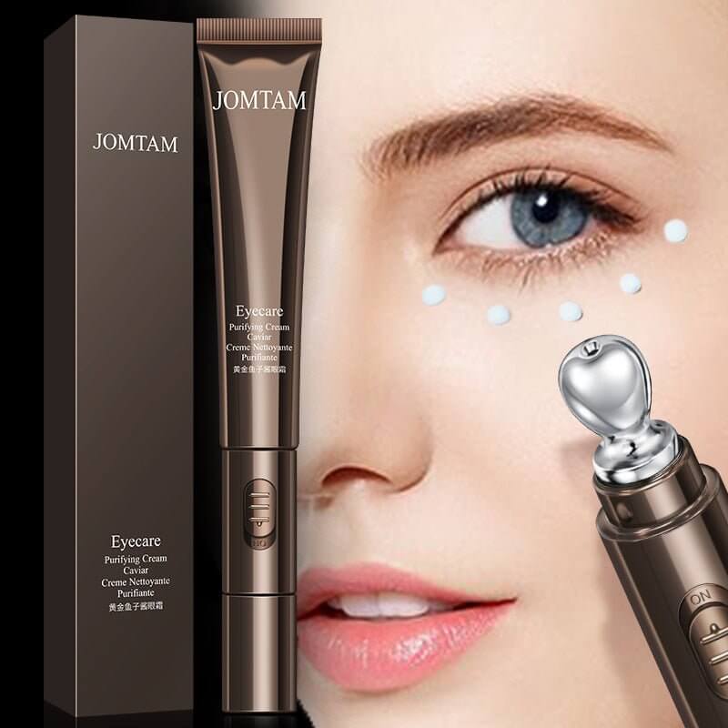 JOMTAM Eye Cream for puffiness and dark circles in a stylish package with a model showcasing bright eyes.