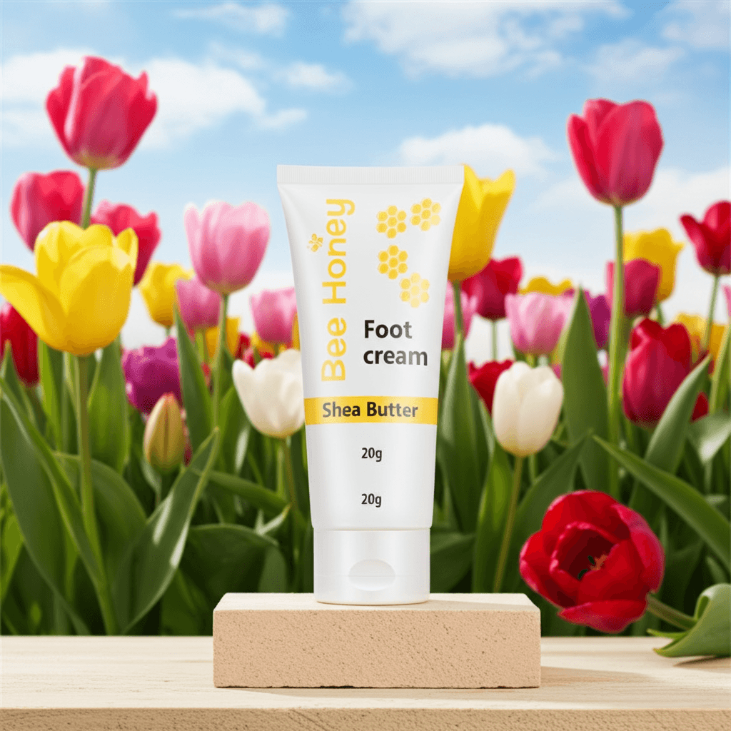 Honey foot repair cream in a floral garden, designed for deep hydration of dry, cracked skin.
