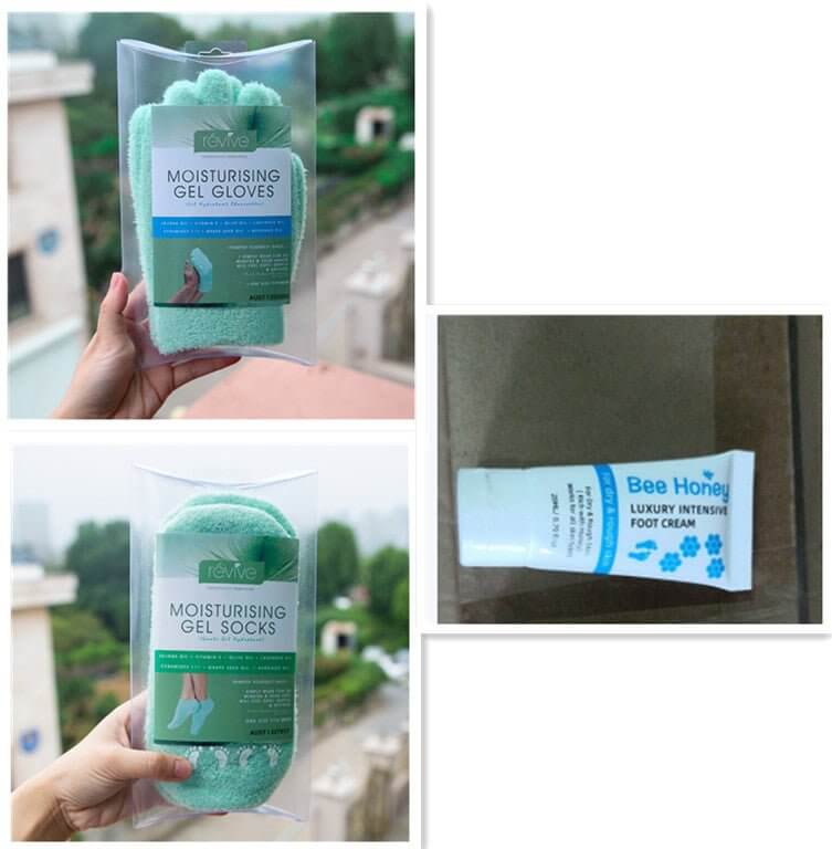 Honey foot repair cream with moisturising gel gloves and socks for dry skin treatment.