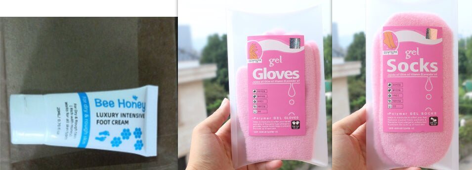Honey foot repair cream alongside gel gloves and socks for foot care.