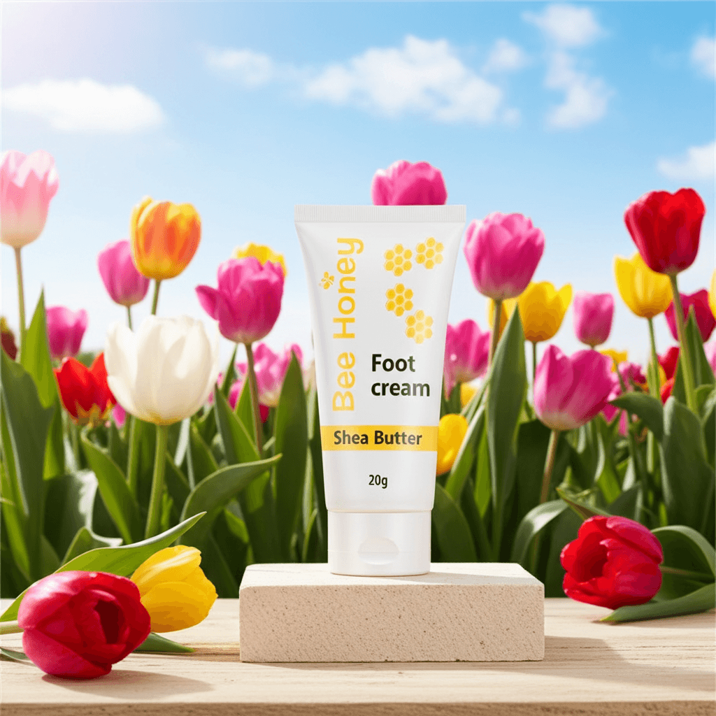Honey foot repair cream in front of colorful tulips, offering deep hydration for dry and cracked skin.