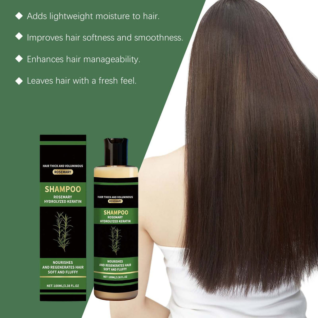 Keratin strengthening shampoo displayed with long, smooth hair and benefits highlighted on the side.