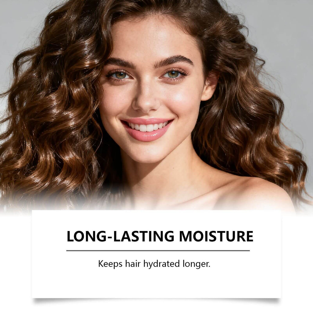 A young woman with beautiful, curly hair smiling, promoting long-lasting moisture for hydrated hair.