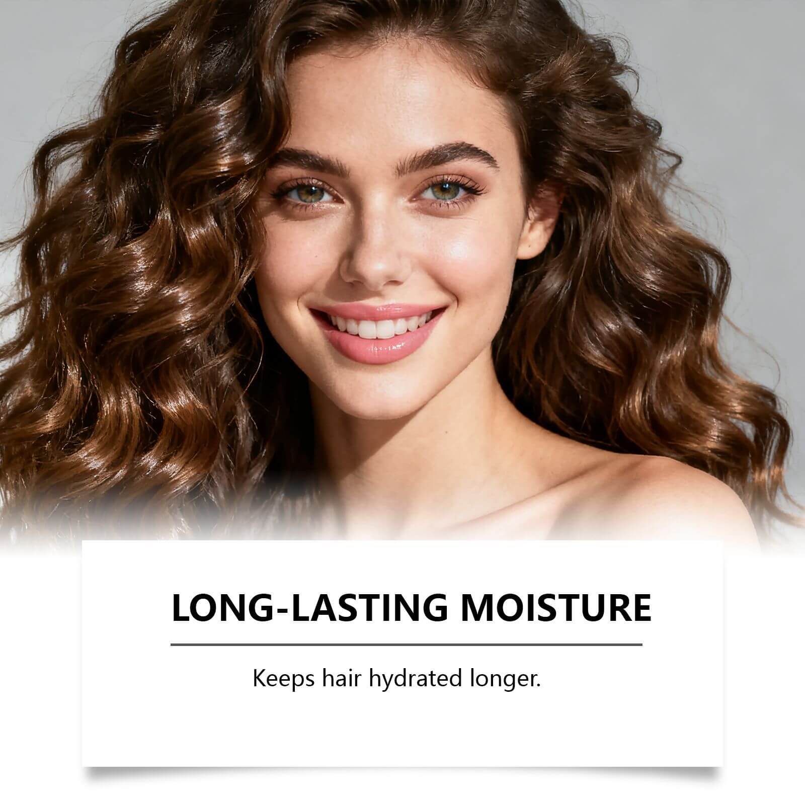 A young woman with beautiful, curly hair smiling, promoting long-lasting moisture for hydrated hair.