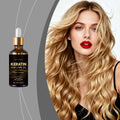 Keratin hair treatment oil bottle next to a model with shiny, healthy hair showcasing the benefits of keratin infusion.