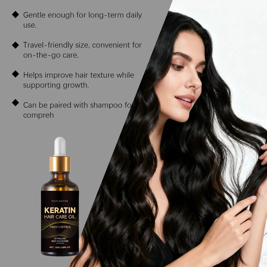 Keratin hair treatment oil bottle next to a woman with long wavy hair, showcasing hair care benefits.