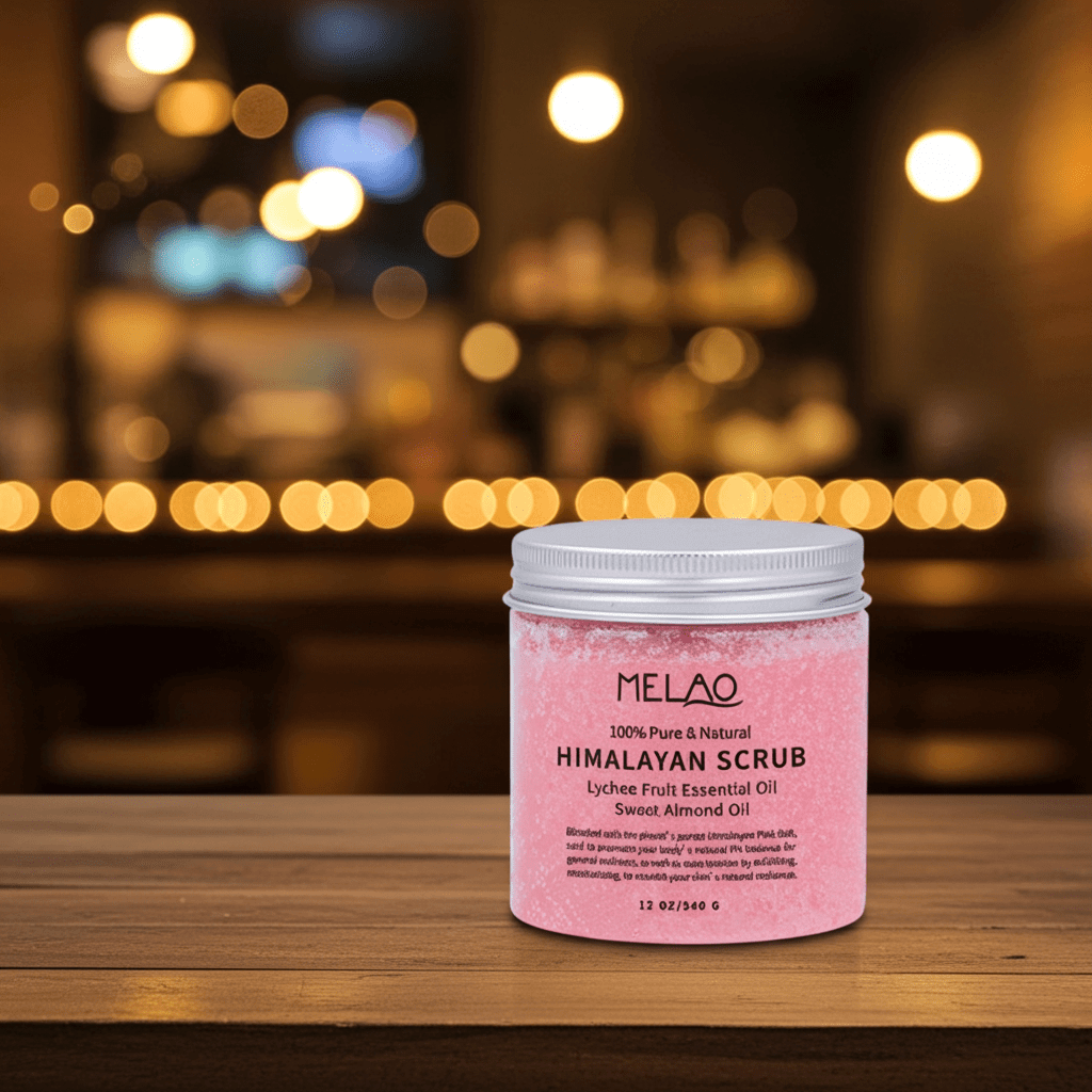 Himalayan salt body scrub in a container, featuring lychee fruit essential oil and sweet almond oil on a wooden table.