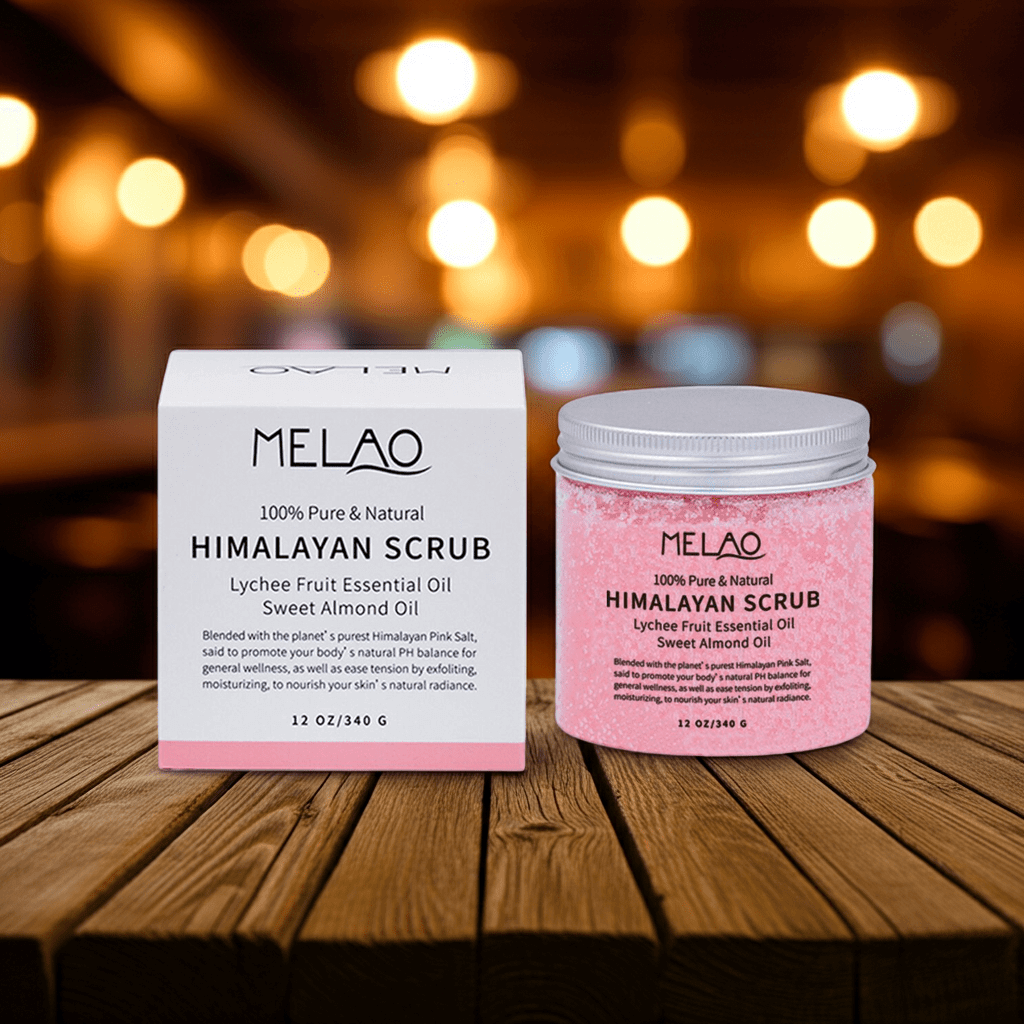 Himalayan salt body scrub with lychee fruit essential oil and sweet almond oil for deep exfoliation and glowing skin.
