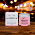 Himalayan salt body scrub product packaging with lychee fruit oil and sweet almond oil for glowing skin.