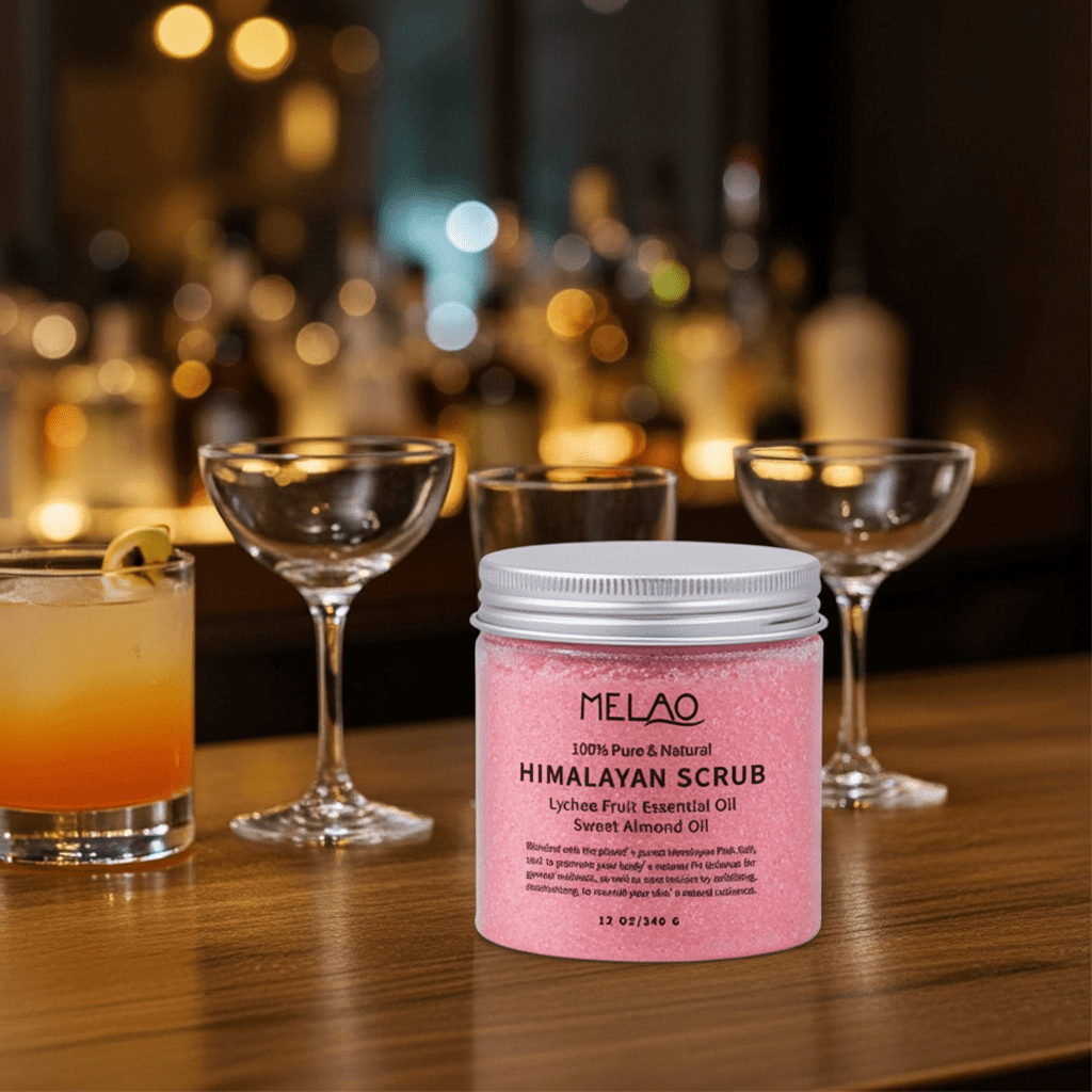 Himalayan salt body scrub container on a bar counter with elegant glassware and a warm atmosphere.